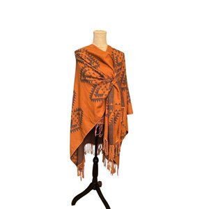 Aztec Southwestern Poncho Reversible Wrap Warm Soft With Fringe One SZ